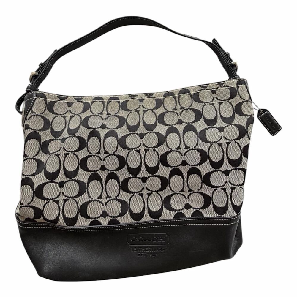 Coach Vintage Y2K Black Grey Canvas Leather Signature C Slouchy Hobo Bag Purse